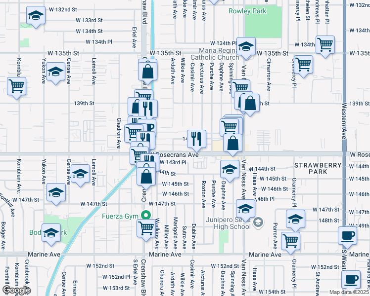 map of restaurants, bars, coffee shops, grocery stores, and more near 2717 Rosecrans Avenue in Gardena