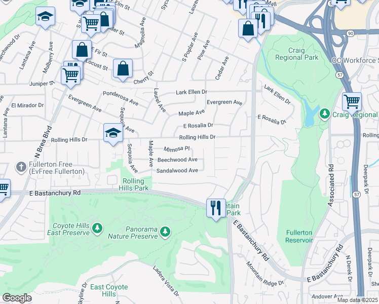 map of restaurants, bars, coffee shops, grocery stores, and more near 1732 Mimosa Place in Fullerton