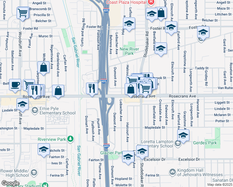 map of restaurants, bars, coffee shops, grocery stores, and more near 10831 Rosecrans Avenue in Norwalk