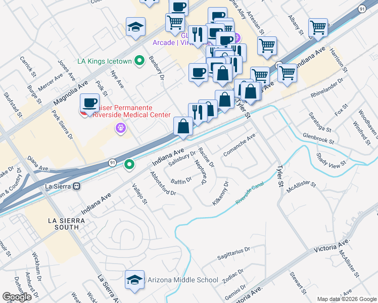 map of restaurants, bars, coffee shops, grocery stores, and more near 10335 Indiana Avenue in Riverside