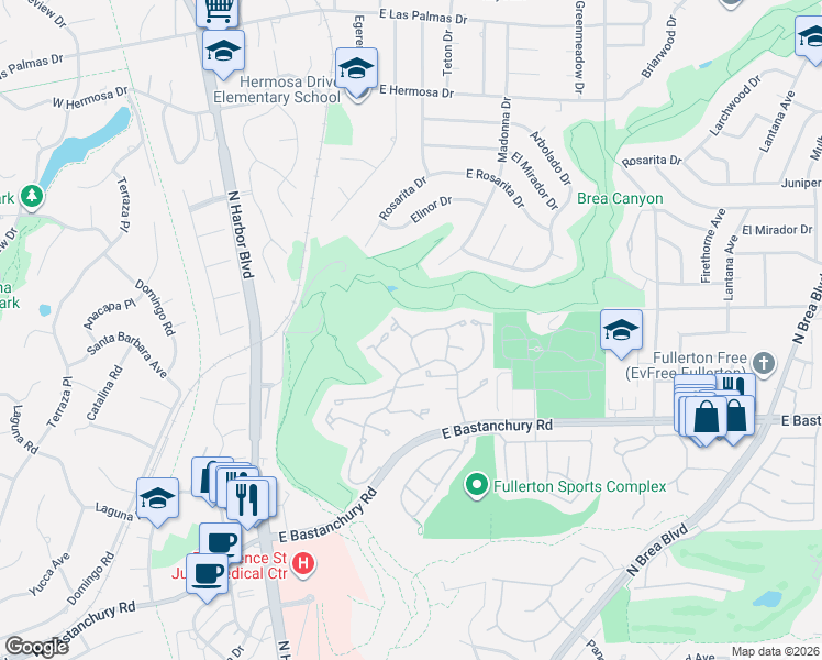 map of restaurants, bars, coffee shops, grocery stores, and more near 636 Colonial Circle in Fullerton