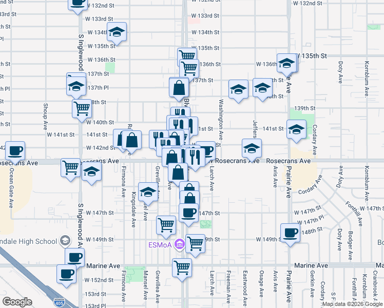 map of restaurants, bars, coffee shops, grocery stores, and more near 4384 West 142nd Street in Hawthorne