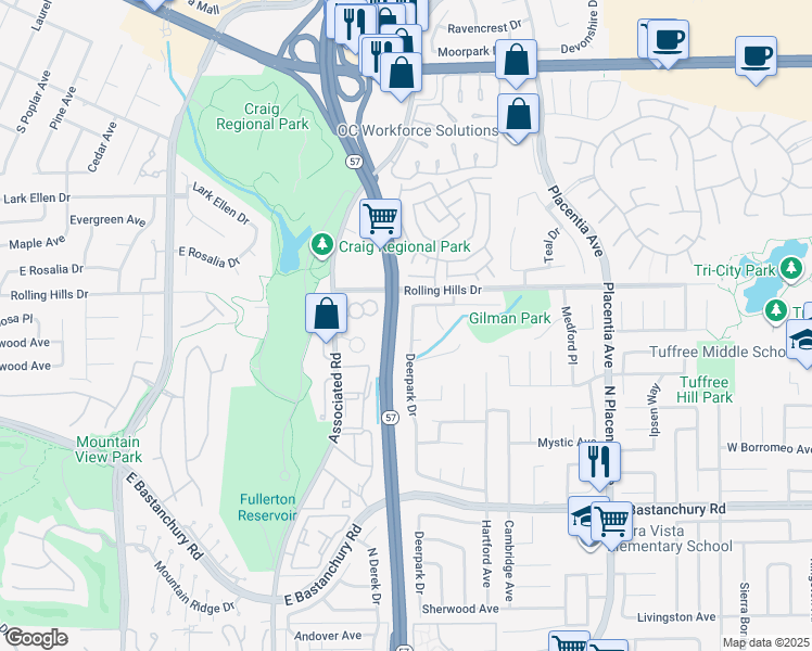 map of restaurants, bars, coffee shops, grocery stores, and more near 2713 Deerpark Drive in Fullerton