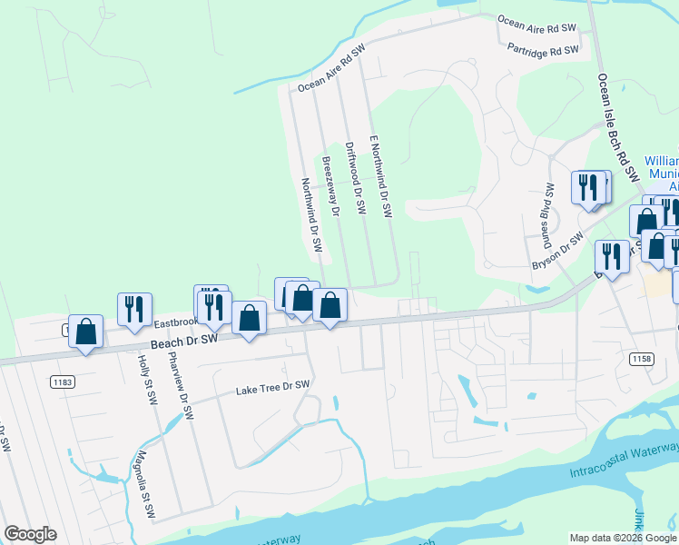 map of restaurants, bars, coffee shops, grocery stores, and more near 1619 Breezeway Drive Southwest in Ocean Isle Beach