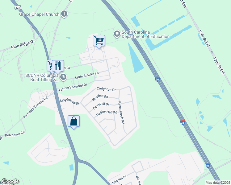 map of restaurants, bars, coffee shops, grocery stores, and more near 346 Creighton Drive in West Columbia