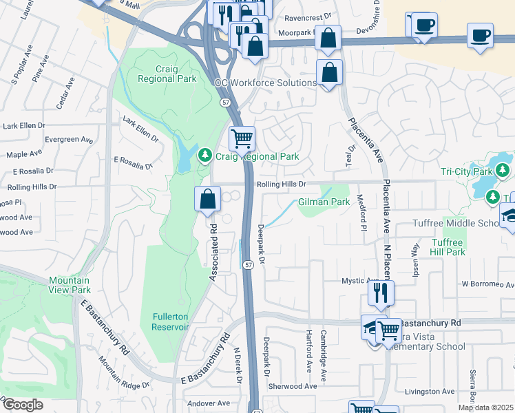 map of restaurants, bars, coffee shops, grocery stores, and more near 2713 Deerpark Drive in Fullerton