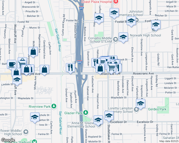map of restaurants, bars, coffee shops, grocery stores, and more near 10831 Rosecrans Avenue in Norwalk