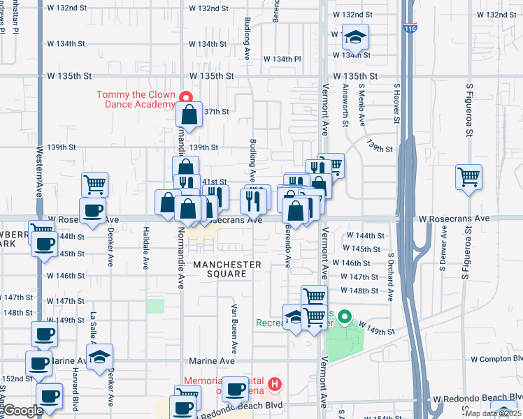 map of restaurants, bars, coffee shops, grocery stores, and more near 1201 West 141st Place in Gardena