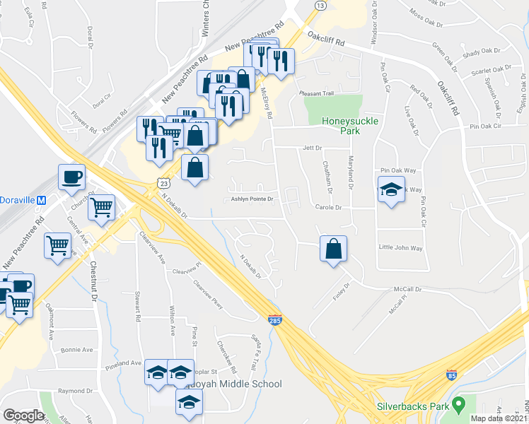 map of restaurants, bars, coffee shops, grocery stores, and more near 2962 North Dekalb Drive in Doraville