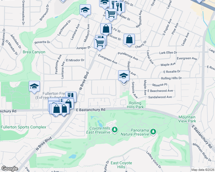 map of restaurants, bars, coffee shops, grocery stores, and more near 1400 Rolling Hills Drive in Fullerton