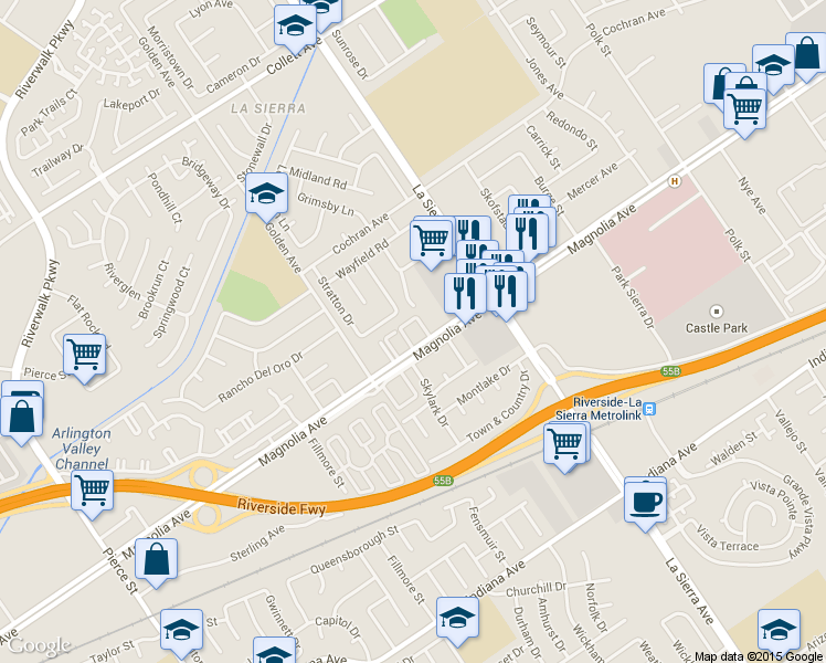 map of restaurants, bars, coffee shops, grocery stores, and more near 11206 Ramway Road in Riverside