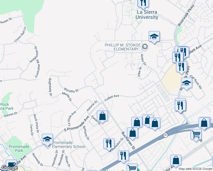 map of restaurants, bars, coffee shops, grocery stores, and more near 4341 Falconer Drive in Riverside