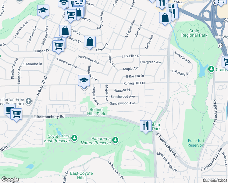 map of restaurants, bars, coffee shops, grocery stores, and more near 1632 Rolling Hills Drive in Fullerton