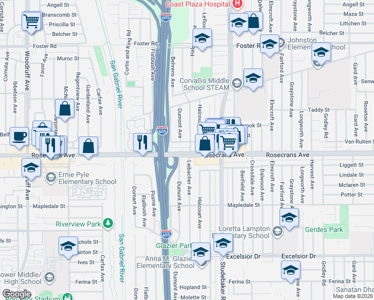 map of restaurants, bars, coffee shops, grocery stores, and more near 14048 Leibacher Avenue in Norwalk
