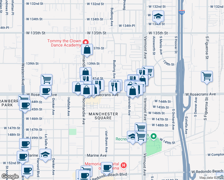 map of restaurants, bars, coffee shops, grocery stores, and more near 1201 West 141st Place in Gardena