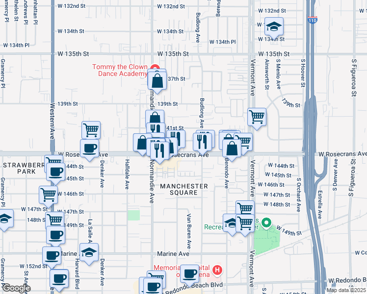 map of restaurants, bars, coffee shops, grocery stores, and more near 1261 Rosecrans Avenue in Gardena