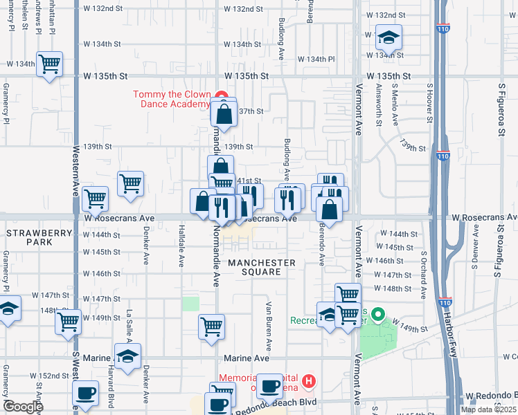 map of restaurants, bars, coffee shops, grocery stores, and more near 14114 Deanna Court in Gardena