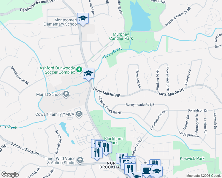 map of restaurants, bars, coffee shops, grocery stores, and more near 4054 Newhaven Circle Northeast in Atlanta