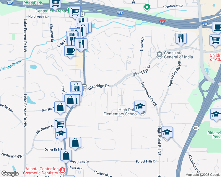 map of restaurants, bars, coffee shops, grocery stores, and more near 5430 Glenridge Drive in Atlanta