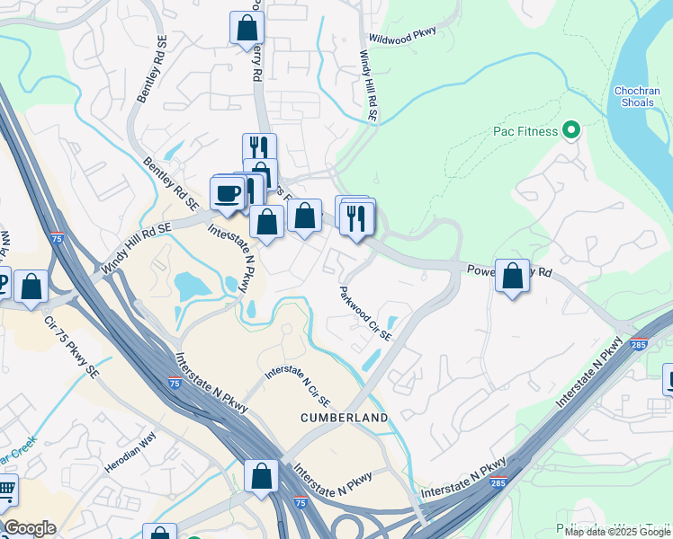 map of restaurants, bars, coffee shops, grocery stores, and more near 1250 Parkwood Circle Southeast in Atlanta