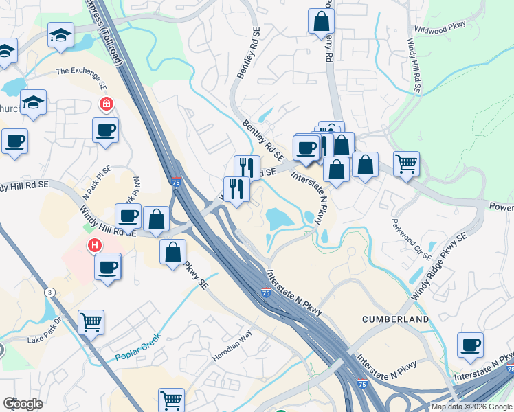 map of restaurants, bars, coffee shops, grocery stores, and more near 2245 Interstate North Parkway West in Atlanta