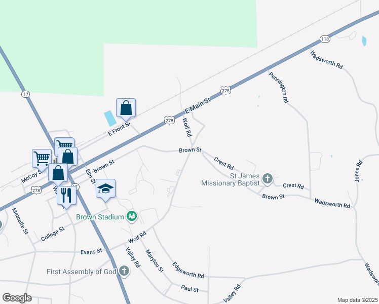 map of restaurants, bars, coffee shops, grocery stores, and more near Wolf Road in Sulligent