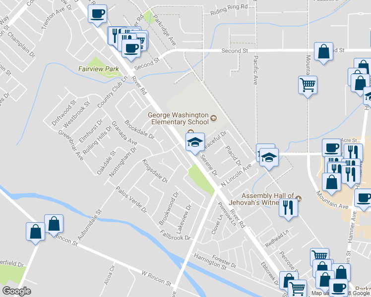 map of restaurants, bars, coffee shops, grocery stores, and more near 1244 River Road in Corona