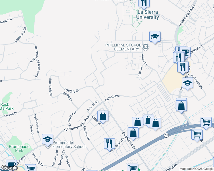 map of restaurants, bars, coffee shops, grocery stores, and more near 4341 Falconer Drive in Riverside