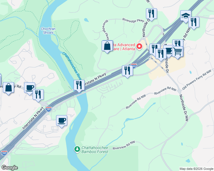 map of restaurants, bars, coffee shops, grocery stores, and more near 6640 Powers Ferry Road Northwest in Sandy Springs