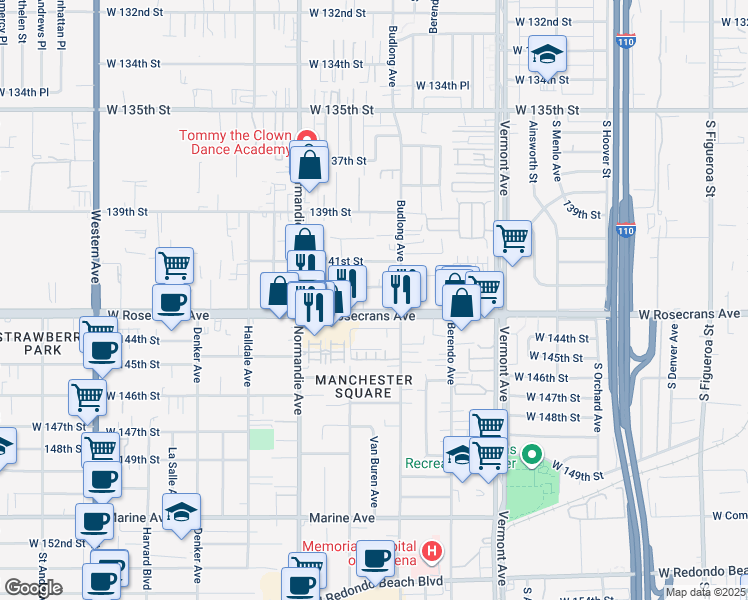 map of restaurants, bars, coffee shops, grocery stores, and more near 1239 West Rosecrans Avenue in Gardena