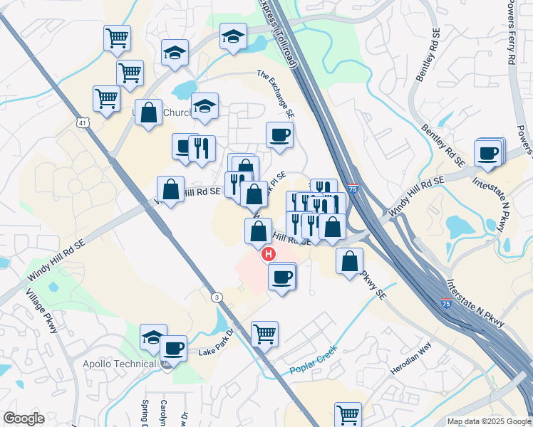 map of restaurants, bars, coffee shops, grocery stores, and more near 1950 North Park Place Southeast in Atlanta