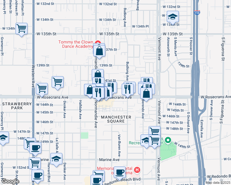 map of restaurants, bars, coffee shops, grocery stores, and more near 1261 Rosecrans Avenue in Gardena