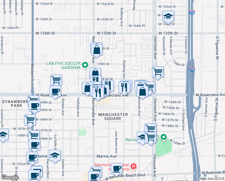 map of restaurants, bars, coffee shops, grocery stores, and more near 1261 Rosecrans Avenue in Gardena