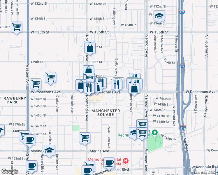 map of restaurants, bars, coffee shops, grocery stores, and more near 1239 West Rosecrans Avenue in Gardena