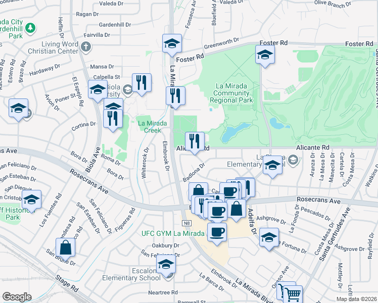map of restaurants, bars, coffee shops, grocery stores, and more near 15025 Rosalita Drive in La Mirada