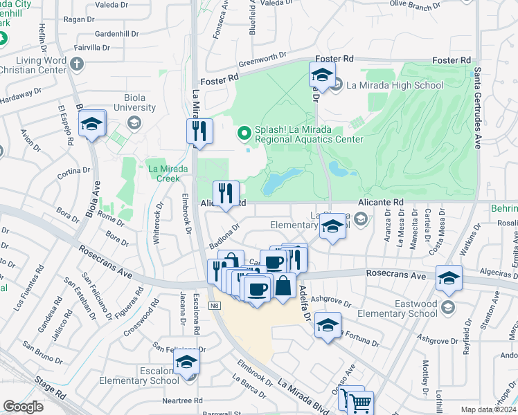 map of restaurants, bars, coffee shops, grocery stores, and more near 14304 Bluefield Avenue in La Mirada