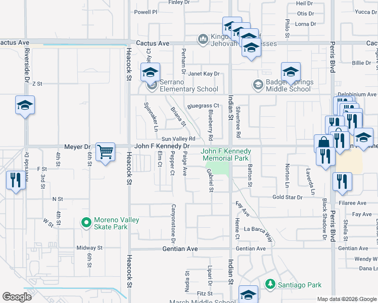 map of restaurants, bars, coffee shops, grocery stores, and more near 24292 Nicole Court in Moreno Valley