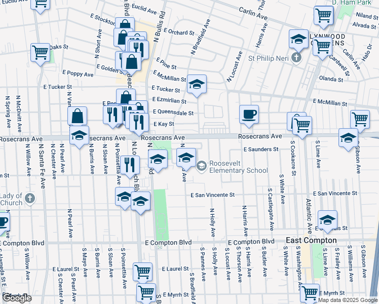 map of restaurants, bars, coffee shops, grocery stores, and more near 1901 East Saunders Street in Compton