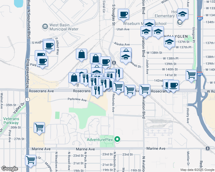 map of restaurants, bars, coffee shops, grocery stores, and more near 2221 Rosecrans Avenue in El Segundo