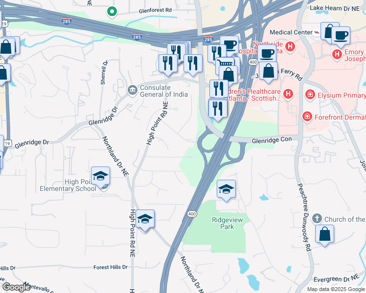 map of restaurants, bars, coffee shops, grocery stores, and more near 55 Bransford Road Northeast in Atlanta