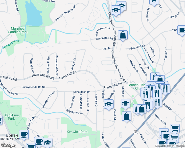 map of restaurants, bars, coffee shops, grocery stores, and more near 1893 Harts Mill Road in Chamblee