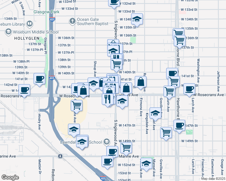 map of restaurants, bars, coffee shops, grocery stores, and more near 4821 West 142nd Street in Hawthorne
