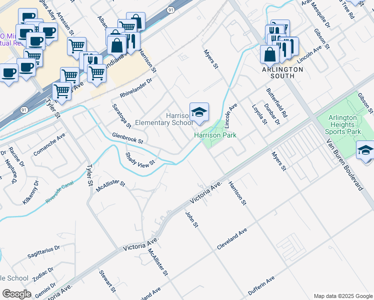 map of restaurants, bars, coffee shops, grocery stores, and more near 9932 Bellavista Avenue in Riverside