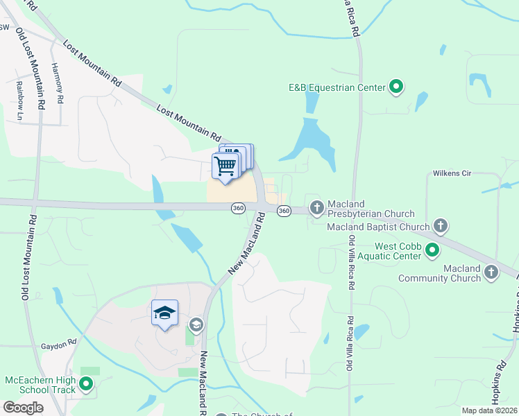 map of restaurants, bars, coffee shops, grocery stores, and more near 2060 Lost Mountain Rd in Powder Springs