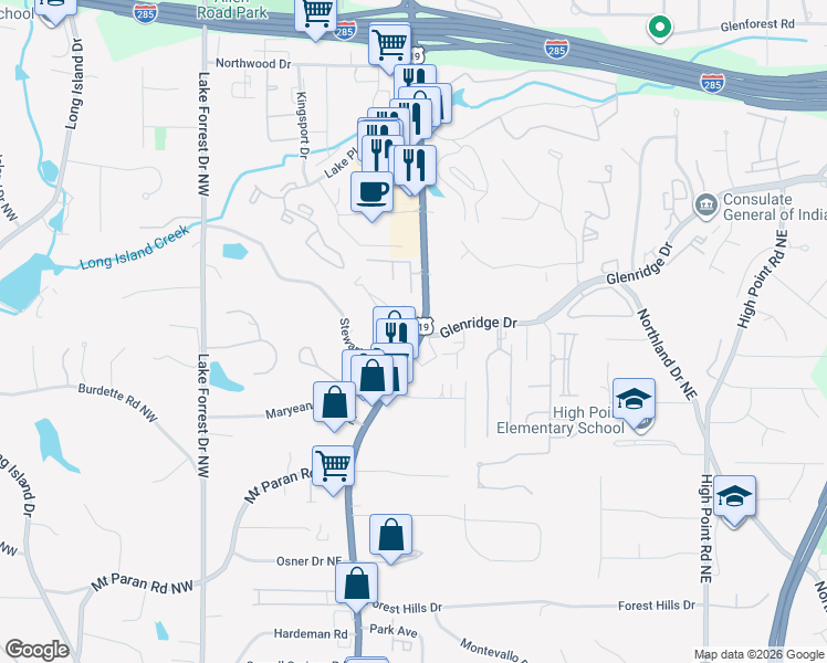map of restaurants, bars, coffee shops, grocery stores, and more near 5400 Roswell Road Northeast in Atlanta