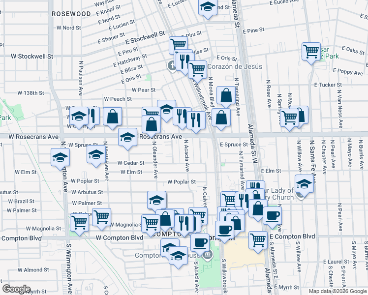 map of restaurants, bars, coffee shops, grocery stores, and more near 959 North Acacia Avenue in Compton