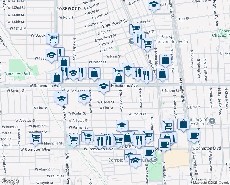 map of restaurants, bars, coffee shops, grocery stores, and more near 432 Rosecrans Avenue in Compton