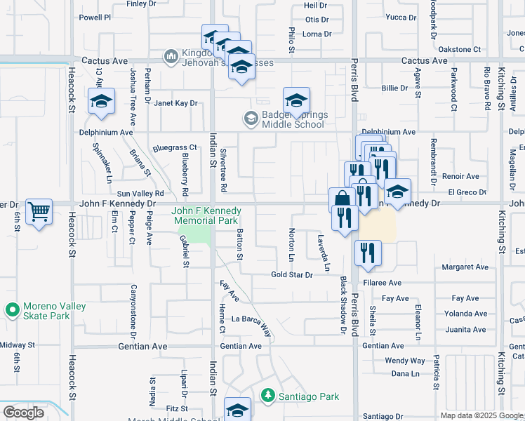 map of restaurants, bars, coffee shops, grocery stores, and more near 24670 Goldston Court in Moreno Valley