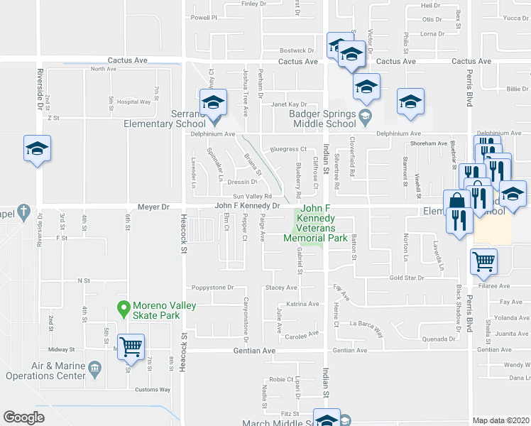 map of restaurants, bars, coffee shops, grocery stores, and more near 24282 Nicole Court in Moreno Valley