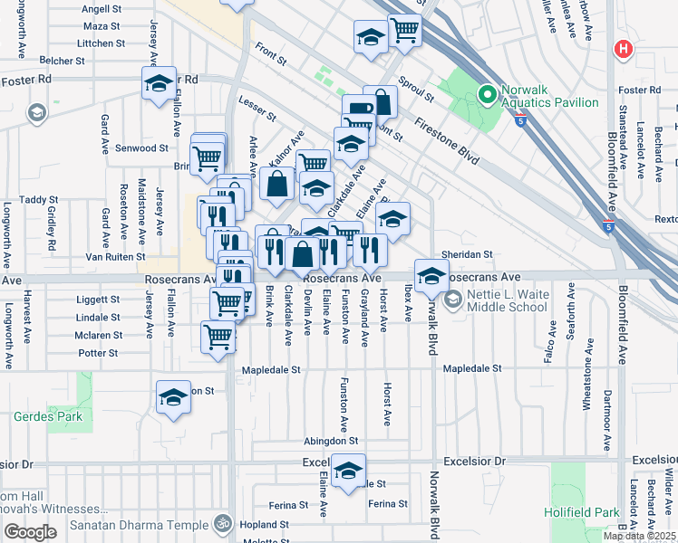 map of restaurants, bars, coffee shops, grocery stores, and more near 12013 Rosecrans Avenue in Norwalk